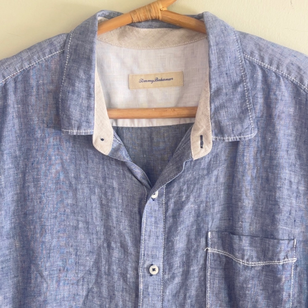 Tommy Bahama Mens Linen Shirt Button‎ XXL Short Sleeve Blue Tropical Vacation
